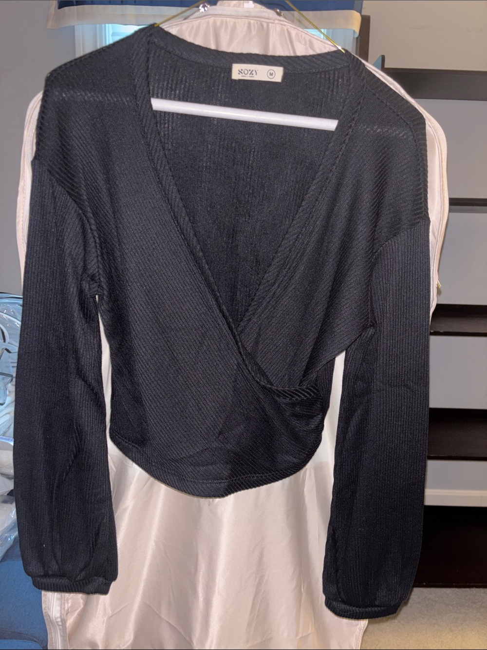 SOYA Black Long-Sleeve Wrap Crop Top